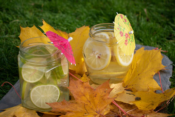 Jars of home made lemone and lime lemonade close-up against grass on stone slate and yellow maple leafs.
