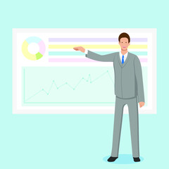 Business presentation with chart on the board at the meeting. Male speaker in gray suit hold a presentation or corporate seminar or lecture. White board diagram presentation. Vector flat illustration.