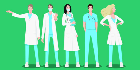 Fototapeta na wymiar Set of doctors or nurses characters standing. Male and female medicine workers, physicians, doctors, paramedics, nurses isolated. Medical staff flat modern illustration.