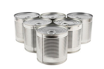 Group of silver canned food on white background.