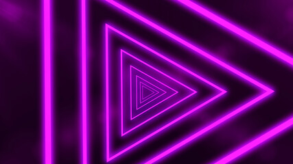 Abstract digital background with neon purple triangles. Abstract tunnel, portal.