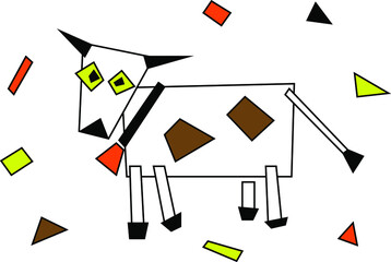 Funny geometric cow in the children's applique style. Restricted color palette, vector illustration.