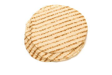 Grilled pitta bread isolated on white background.