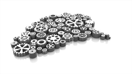 Gears mechanism brain 3D Rendering at white background. Mechanism inside human brain.