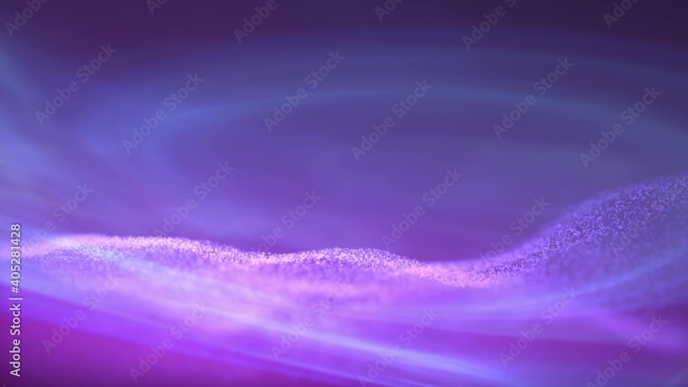 Poster blurry dots undulate through space with artistic pink blue aurora borealis light streaks animation. 