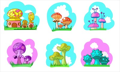 A set of fabulous stylized mushrooms. Mushroom houses. Design for coloring, poster, postcard, book, wallpaper, sticker, album. Childrens illustration