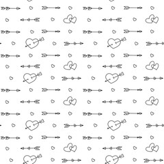 Naklejka premium Arrows with heart vector seamless pattern on white background. Valentine background in doodle style. 