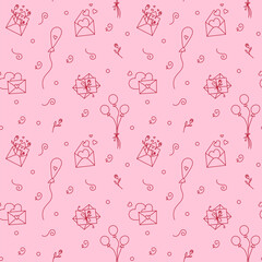 Pink Valentine background with envelopes and floating balloons. Vector seamless pattern with love letters  