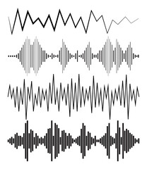 Black sound waves logos, audio symbols on white background. Modern music equalizer elements set. Jpeg waveform flat isolated illustration