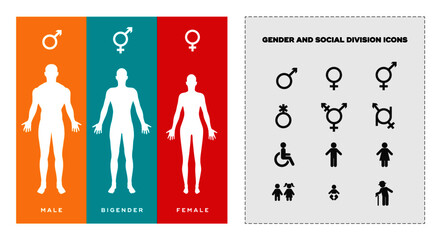 Gender & minority symbols - male, female & bigender + icons. Marketing vector elements - 405282299