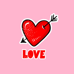 Vector red heart with arrow and love lettering. Cute romantic illustration, cartoon style.