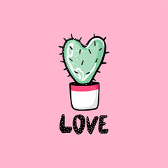 Cute cactus shaped like a heart and love lettering phrase. Vector illustration. Hand drawn Happy Valentines day card. Cartoon style