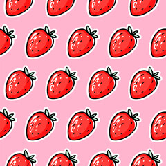 Red strawberry vector seamless pattern. Berry repeat background. Summer fruits print. Cute cartoon style. Colorful illustration