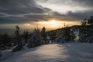 Beautiful 2021 winter landscape view in the Carpathian Mountains, Romania