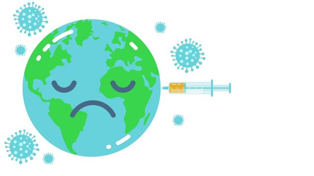 Global vaccination. Planet Earth is excited. Molecules, coronavirus proteins. Smile on the face changes to sadness (and back). Syringe with a needle. Vaccine inside the syringe. 2d cartoon animation.