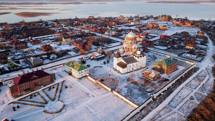 Island Grad Sviyazhsk, Kazan. Aerial panoramic view of old russian city. View from the Drone,...