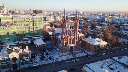 Temple of the Sacred Heart of Jesus, Catholic Church, Samara, Russia. Aerial panoramic view of russian city. View from the Drone, Flying over Point of interest	
