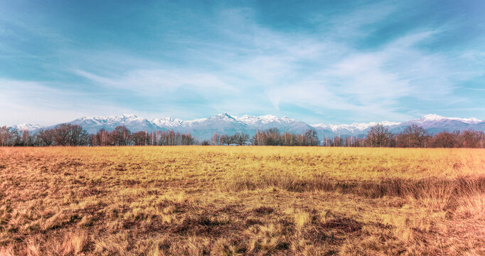 Landscape of the Italian Savannah of Baraggia, view of alps in the background.  Baraggia Natural Reserve, Candelo Biella Italy