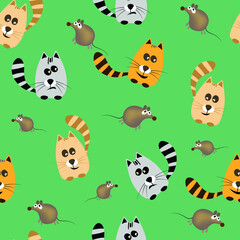 Seamless pattern with cute cartoon cats and mouses. Vector illustration.