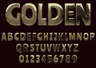 Alphabet letter set and numbers with metallic gold texture, bold typeface, 3D rendering, creative uppercase font design for logo, poster, invitation