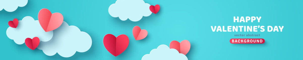 Horizontal banner with blue sky and paper cut clouds. Place for text. Happy Valentine's day sale header or voucher template with hearts.