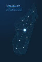Madagascar communication network map. Vector low poly image of a global map with lights in the form of cities. Map in the form of a constellation, mute and stars.
