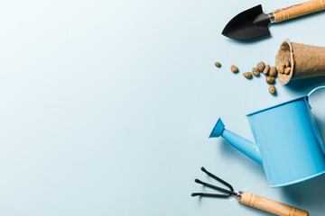 Gardening tools on blue background. Spring garden works concept. World environment day, arbor day,...
