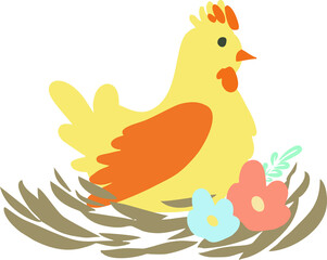 Happy Easter vector illustrations . chicken with eggs icons decorated with flowers on a white background . Chicken in the nest on a white background
