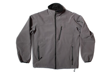 Grey Hiking Softshell jacket on white background. 