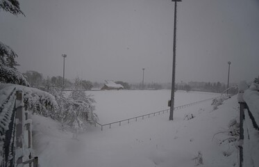 Rugby field full of snow in the middle of the city of madrid spain
