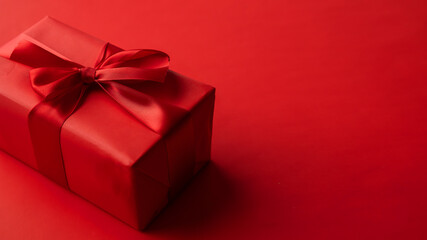Obraz premium Red gift box on red background, valentine's day gift, special occasion