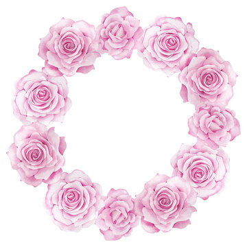 Watercolor pink garden flowers wreath. Blush rose greeting card template. Design artwork. Pink roses circle frame.