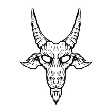 Evil goat head illustration. Baphomet. Illustration for tattoo, print, emblem.