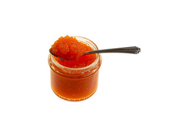 Red caviar in a glass jar isolated on white background with clipping path