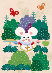 cute mouse character. Fairy tale character in a forest or garden. nursey poster, cover illustration for kids. Medieval character