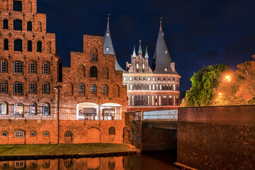 Lübeck at night with salt Storage and Holsten gate (Holstentor) in background