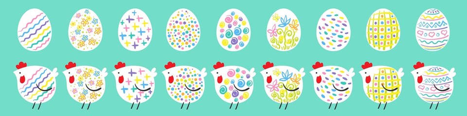 Happy Easter. Colorful  banner with decorative chickens and eggs  with the same handmade ornament. Isolated on a blue background. Vector flat illustration.
