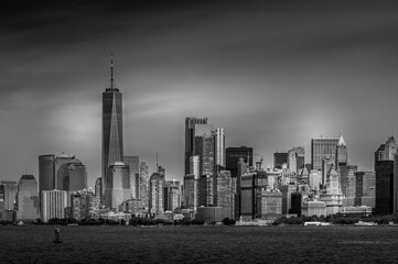 Lower Manhattan skyline. View from New Jersey. New York City cityscape. in black and white.