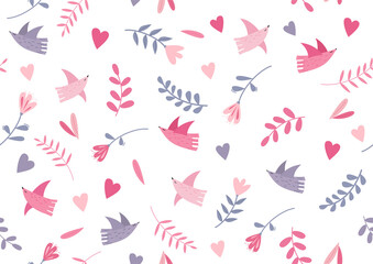 Seamless romantic spring vibe pattern with birds, hearts and leaves