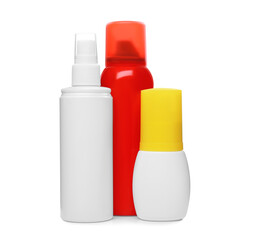 Set of different insect repellents on white background