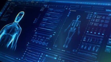 Dark blue perspective futuristic Interface showing analysis of human male anatomy scan with rotating skeleton and body heat transfer. Near future of medicine and healthcare.