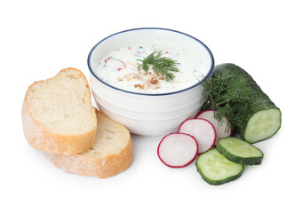 Delicious cold summer soup, bread and ingredients  on white background