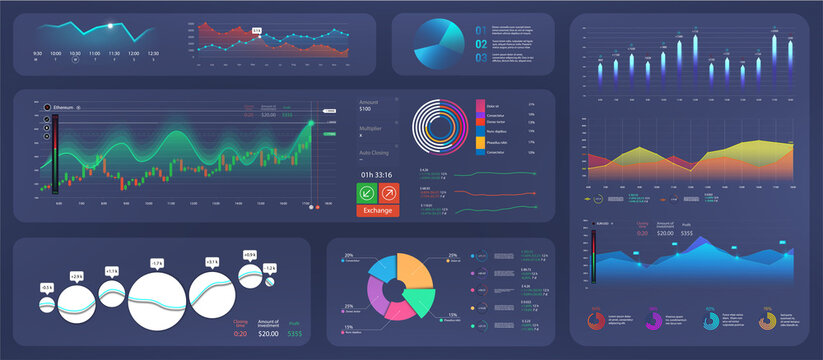 UI Future Collection. Colorful Dashboard With Infographics, Diagrams, Graphs, Infocharts And Other Elements. Design, Processing And Analysis Of Data For Admin Panel. UI, UX. Graphic Infographics.