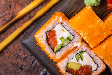 Fresh and delicious sushi rolls. Japanese traditional seafood.