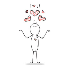 Stickman is watching the striped red hearts, fall in love. I love you. Happy Saint Valentines day, feelings, emotions, love, man with heart. Black and white vector illustration with stick figure, card