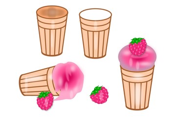 Raspberry ice cream in a waffle cup, ice cream cups, raspberry berry, image for design and print