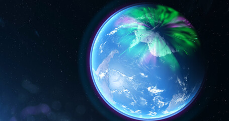 Polar Lights planet Earth from space. 4K rotating animation. Clip contains space, planet, galaxy, stars, cosmos, sea, earth, globe. 3D Render animation. Images from NASA
