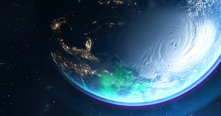 Polar Lights planet Earth from space. 4K rotating animation. Clip contains space, planet, galaxy, stars, cosmos, sea, earth, globe. 3D Render animation. Images from NASA