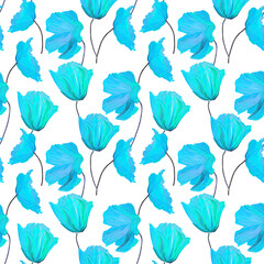 Hand-drawn gouache floral seamless pattern with the blue poppy flowers isolated on  white  background, Natural repeated print for textile, wallpaper.