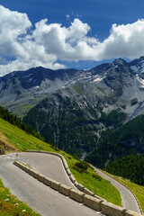 Naklejka premium Mountain landscape along the road to Stelvio pass at summer